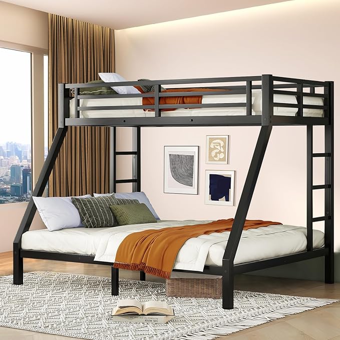 Bunk Beds Twin XL Over Queen, Heavy Duty Bunk Beds with Bottom Space & Guardrail Metal Bunk Bed Frame for Adults Teens Dorm Bedroom Guest Room, No Box Spring Needed(Black)