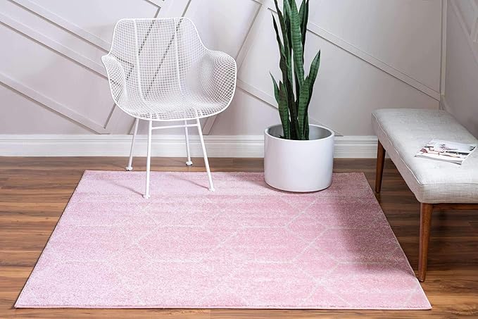 Unique Loom Trellis Frieze Collection Area Rug - Geometric (6' Square, Light Pink/ Ivory)