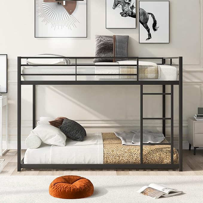 Full Over Full Metal Bunk Bed with Full-Length Guardrail,Low Bed Frame W/Ladder, Steel,No Noise,Bedroom Furniture for Adult Kid Boy Girl Teen,Black