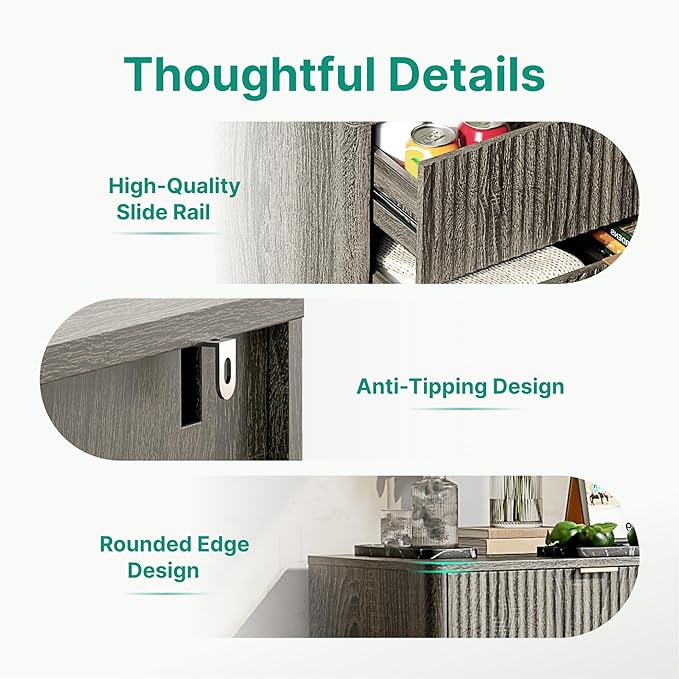 Mid Century Modern 3 Drawer Dresser for Bedroom, Fluted Wood Nightstand with Round Edge Design, Shallow Bedroom Storage for Closet, Living Room(Charcoal Oak)