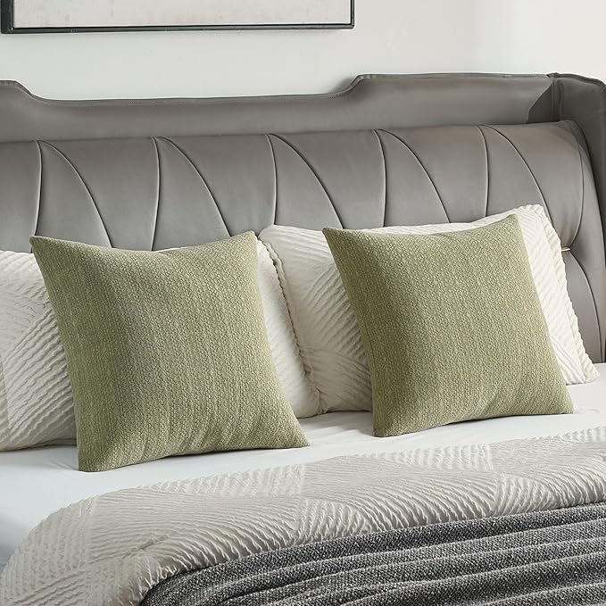 FUTEI Sage Green Chenille Throw Pillow Covers 18x18 Inch Set of 2,Soft Striped & Diamond Textured Cushion Cases,Modern Home Decor for Couch Living Room