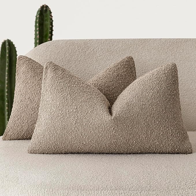 Foindtower Pack of 2 Textured Boucle Throw Pillow Covers Accent Solid Decorative Lumbar Pillow Cases Soft Couch Cushion Case for Chair Sofa Bedroom Living Room Home Decor 12x20 Inch Light Khaki Tan