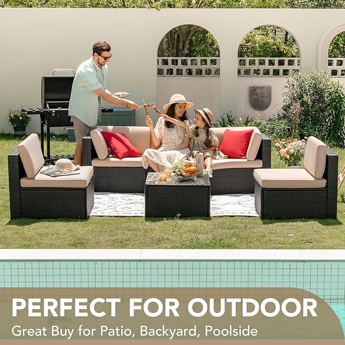 Devoko Patio Furniture Sets 6 Pieces Outdoor Sectional Rattan Sofa Manual Weaving Wicker Patio Conversation Set with Glass Table and Cushion (Beige)