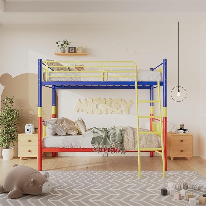 Metal Bunk Bed Twin Over Twin,Loft Bed with Removable Ladder and Full-Length Guardrail,Twin Bunk Beds Frame Heavy Duty Metal Slat Support for Adults, Kids and Young Teens