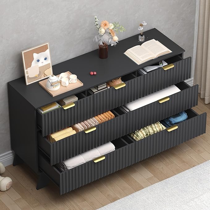 Fluted 7 Drawer Dresser, 47.2" Wide Modern Boho Chest of Drawers, Wooden Storage Dresser TV Stand for Bedroom, Living Room, Closet, Hallway, Curved Profile Design