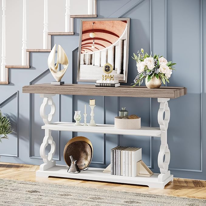 Tribesigns Farmhouse Console Table, 55 inch Long Sofa Table with Storage Shelves, 3 Tier Wood Accent Entry Table for Hallway, Entrance, Living Room, Foyer, Grey and White