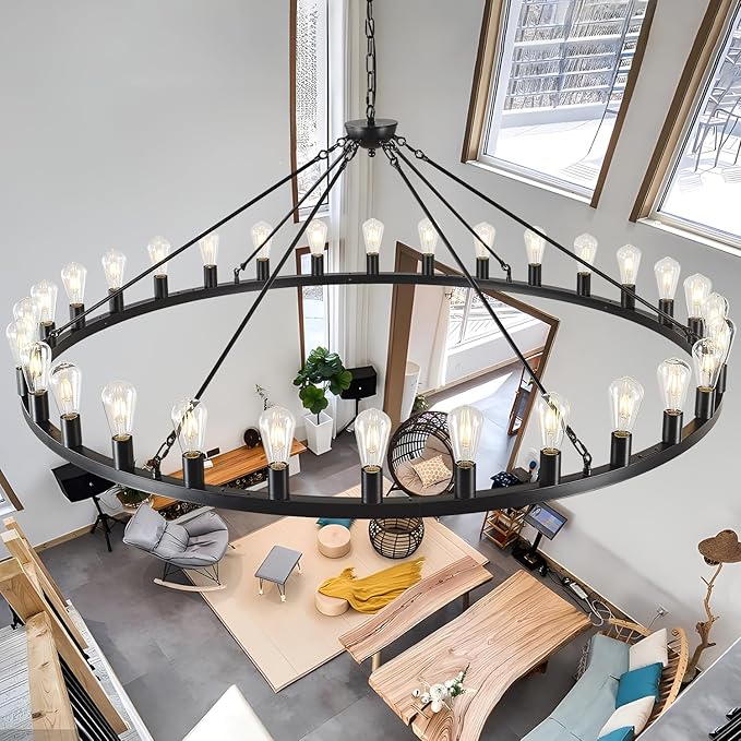 Large black wagon wheel chandelier 64 inch,30-Light Farmhouse wagon Wheel Chandeliers Round Industrial ceiling light fixtures for outdoor porch high ceilings Living Dining Room Foyer Entryway