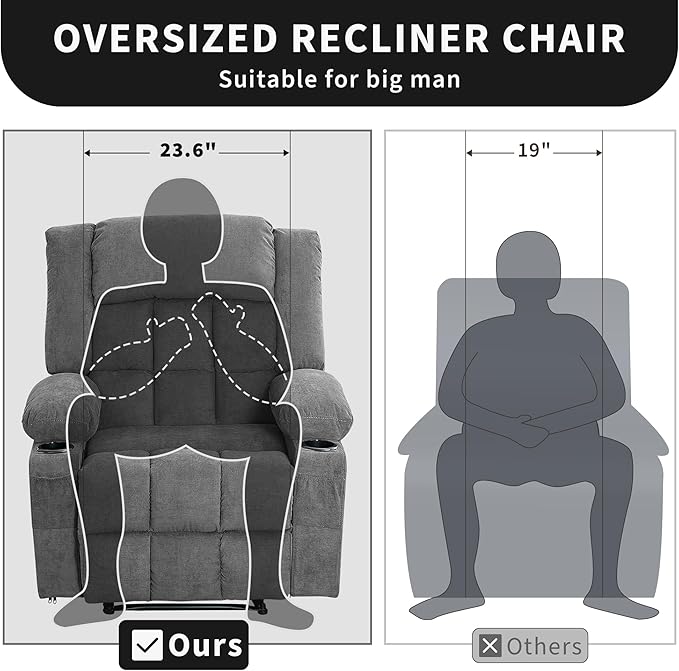 Large Recliner Chair, Manual Reclining Sofa with Massage and Heat, Comfy Sofa Chair with 3 Positions, 2 Side Pockets, 2 Front Pockets and 2 Cup Holder