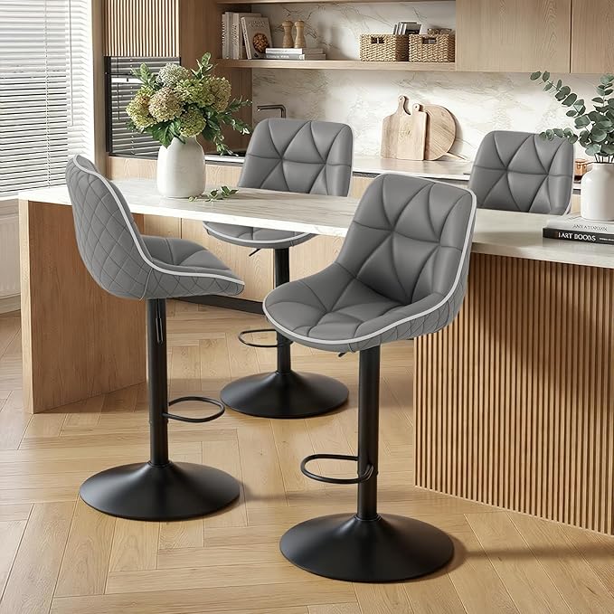 Nalupatio Bar Stools Set of 4, Adjustable Swivel Counter Height Bar Stools with Back, Armless Modern Barstools for Kitchen Island & Home Bar, Upholstered Seat,(Grey)