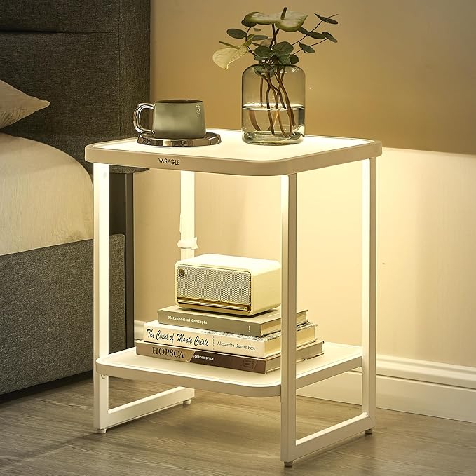 VASAGLE End Table, 2-Tier Side Table with LED Lights, Modern Nightstand, Square Bedside Table, Frosted Glass, Bottom Shelf, for Bedroom, Cloud White and Pearl White ULET232W01