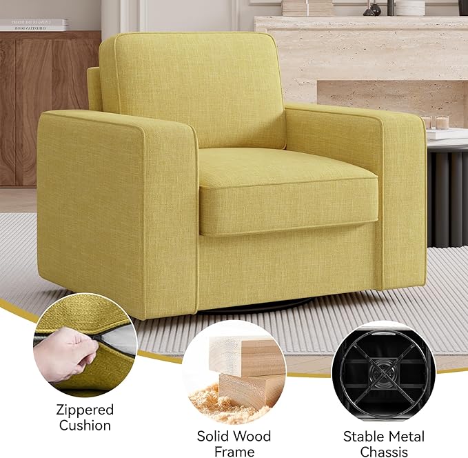 36'' Width Wide Swivel Accent Sofa Chair Set of 2, 360 Degree Rotation Oversized Wingback Armchair Linen Fabric Single Thick Cushion Soft Living Room, Office Yellow