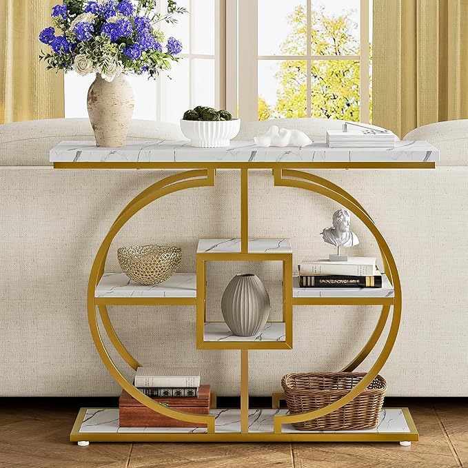 GiftGo Narrow Console Table for Entryway Industrial 4-Tier Sofa Table Behind Couch with Circle Base Rustic Wooden Accent Tables with Storage Shelves for Living Room, Hallway, Foyer (Gold and White)