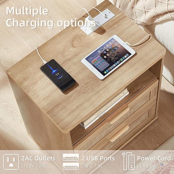 LEYAOYAO Rattan Nightstands Set of 2 with Charger Station, 23" Wide Boho Night Stand with 2 Drawers, Natural Wood Bedside Table Open Shlef, Bed Side End Table Dresser for Bedroom, Living Room Hallway
