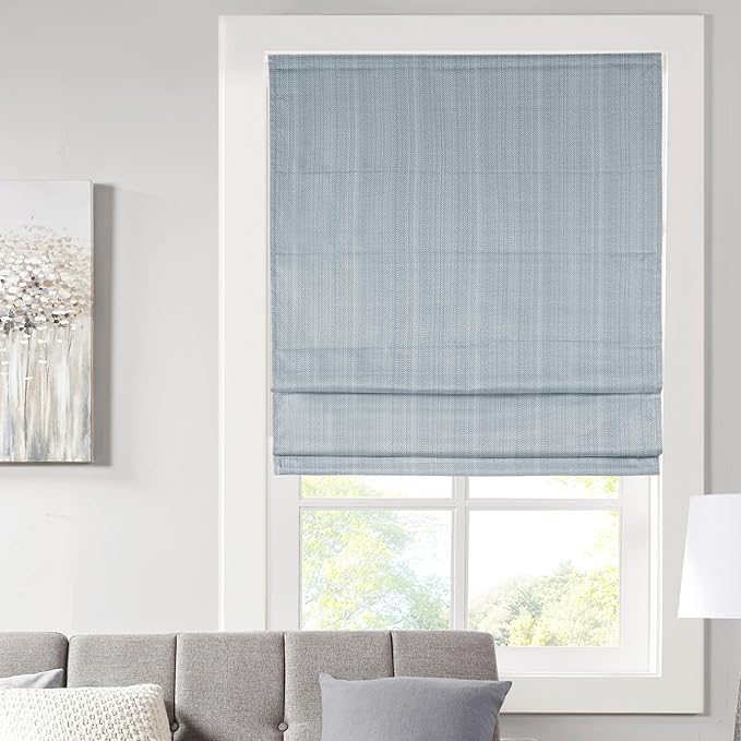 Madison Park Galen Cordless Roman Shade, 34"W x 64"H, Sheen Blue – Room Darkening, Thermal Insulated, Energy Efficient Window Blind with Subtle Sheen Basketweave Fabric for Privacy