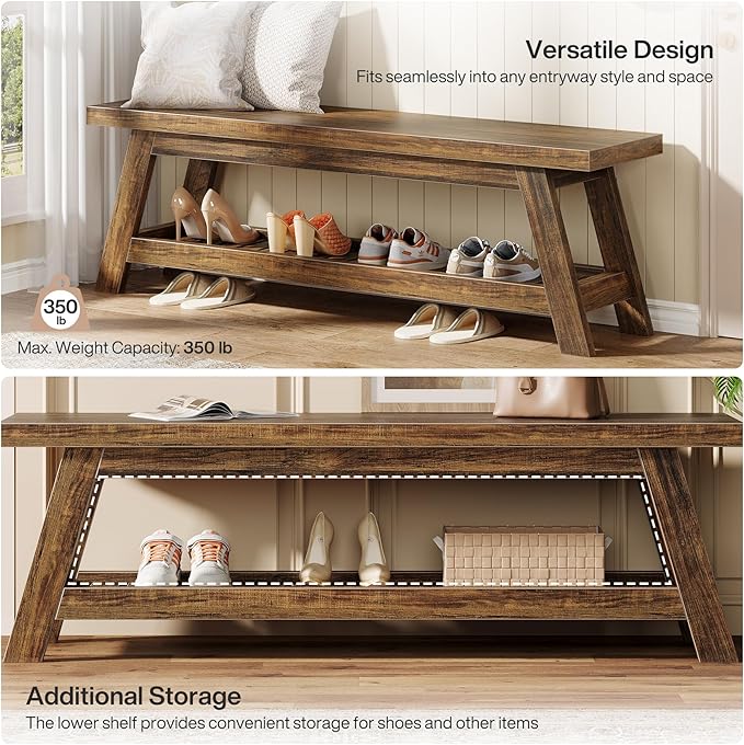 Tribesigns 55" Large Wood Entryway Bench with Shoe Storage, 2-Tier Rustic Brown Narrow Hallway Foyer Seating Bench with Open Shelves for Entryway, Bedroom, Mudroom