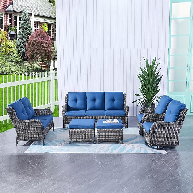 HUMMUH 6 Piece Patio Furniture Set PE Wicker Rattan 3-Seat Outdoor Sectional Sofa with Love Seats,Patio Swivel Chairs,Ottomans Conversation Sets for Garden, Poolside, Backyard