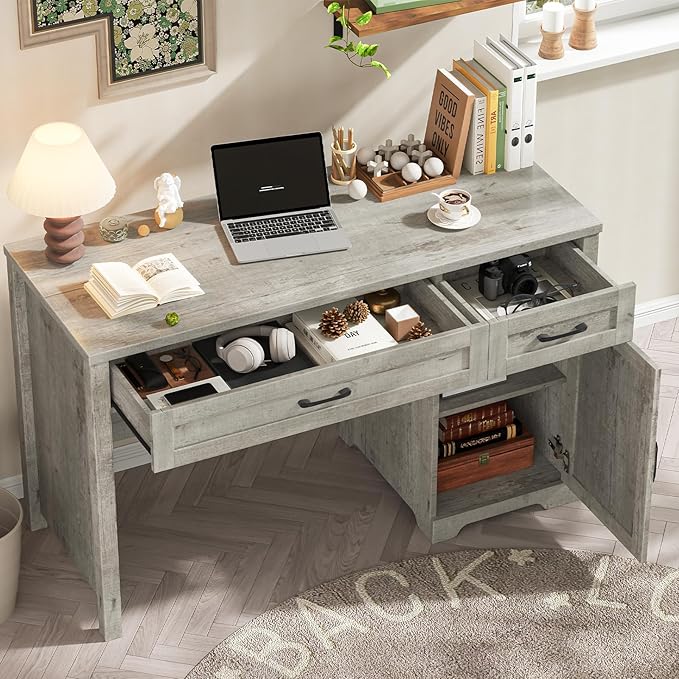 Vabches Farmhouse 51" Executive Desk,Computer Desk with Drawers and Storage Cabinet, Home Office Desk for Work and Study.Grey
