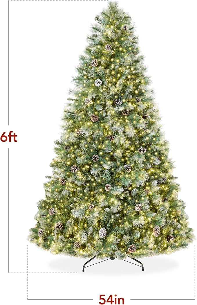Best Choice Products 6ft Pre-Lit Scotch Pine Christmas Tree, Premium Frosted Pre-Decorated Artificial Holiday Decor w/ 946 Branch Tips, 2-in-1 White and Multicolor LED Lights, Cordless Setup