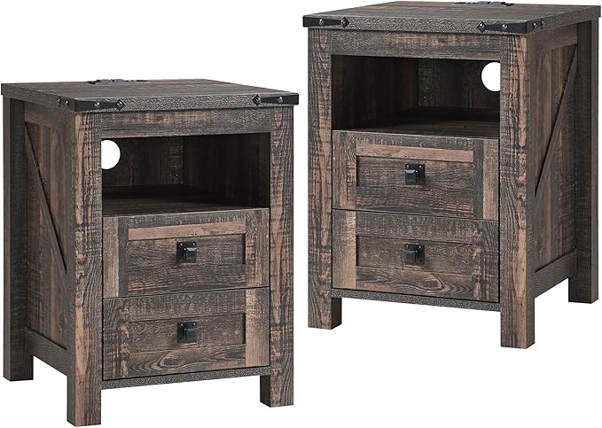 T4TREAM Farmhouse Nightstand Set of 2 with Charging Station, Rustic End Table with 2 Drawers, Storage Open Shelf for Bedroom, Living Room, Wood Side Table, Dark Rustic Oak