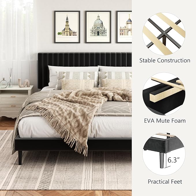King Size Bed Frame, King Size Platform Bed Frame and Velvet Upholstered Headboard with Strong Wood Slats, Box Spring Optional, Mattress Foundation, Easy Assembly Black