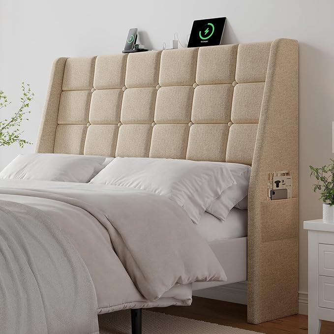 Ergonomic Upholstered Full Size Headboard w/Charging Station, Linen Wingback Headboards w/Storage Pocket, Full Headboard Only, Bed Frame Adapters, Sturdy Solid Wood Bed Head Board, Beige