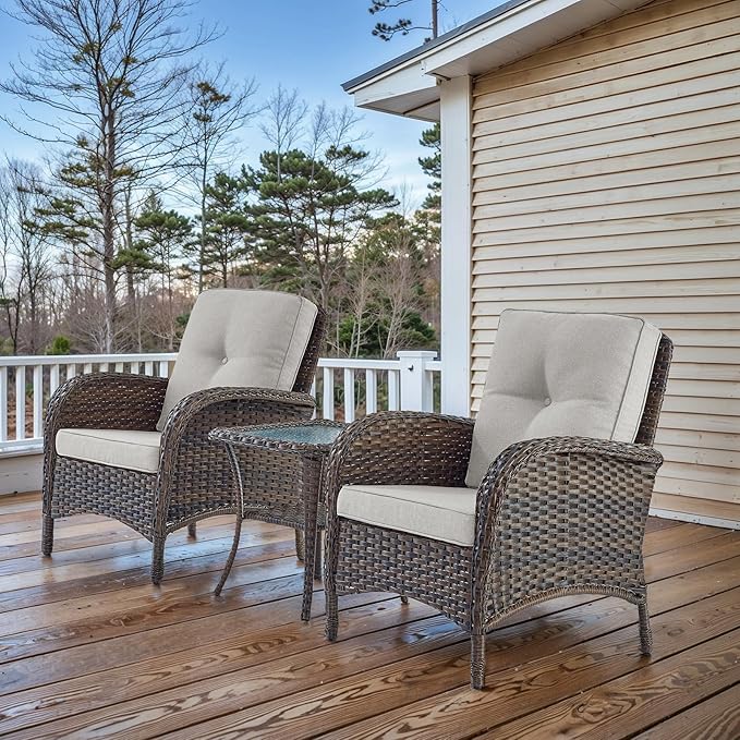 HUMMUH 3 Pieces Patio Furniture Set Outdoor Wicker Bistro Rattan Chairs with Glass Top Side Table and Thickened Cushions for Porch Deck Backyard Poolside