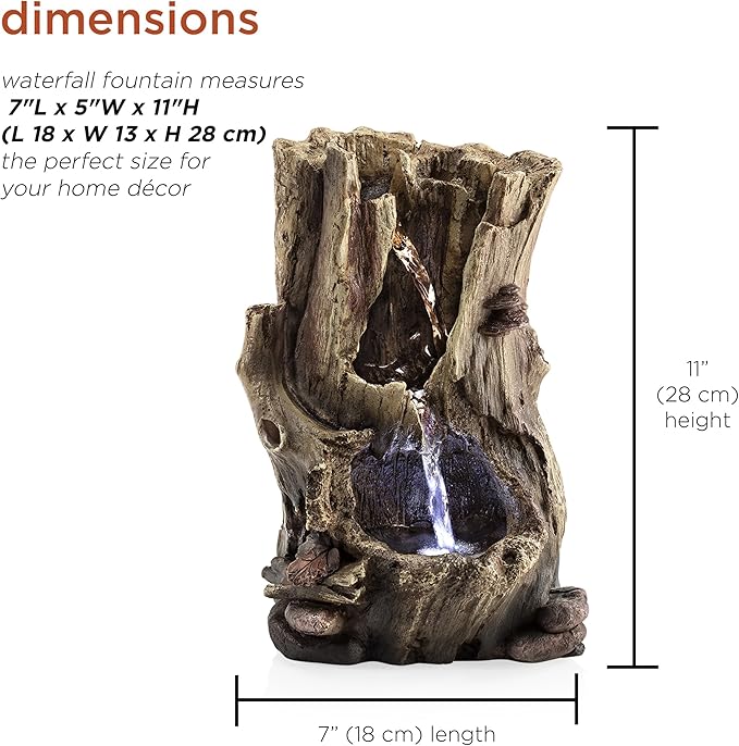 Alpine Corporation WIN326 Indoor Tabletop Light-Up Tiered Rainforest Tree Trunk Water Fountain with LED Lights, 11", Brown
