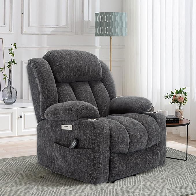 Power Lift Recliner Chair, 350lb Capacity with 8-Point Massage & Heating, USB/Type-C Ports & Cup Holders, Heavy Duty Chenille Recliner for Elderly, Grey