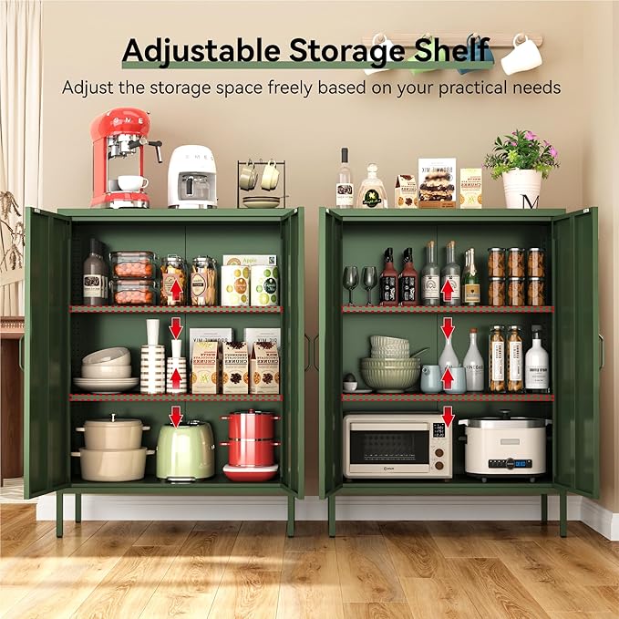 Metal Locker Cabinet, Green Storage Cabinets with 2 Doors and Adjustable Shelves, 3 Tier Modern Storage Freestanding Sideboard for Living Room,School,Office Home Kitchen and Coffee Bar