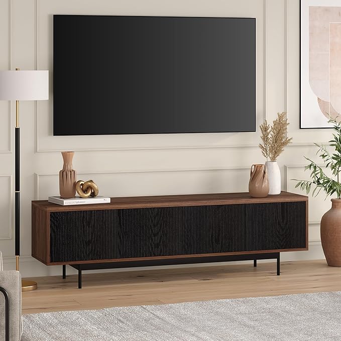Henn&Hart Rectangular TV Stand for TV's up to 75" in Medium Walnut/Natural Black, for Home, Living Room, Bedroom, Entertainment Room, Office