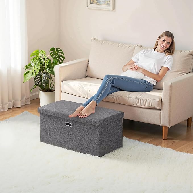 VECELO 30'' Folding Storage Ottoman Bench, End of Bed Linen Fabric Foot Rest Stool with Padded Seat, Large Footstools for Bedroom, Living Room, Load 500 lb, Grey