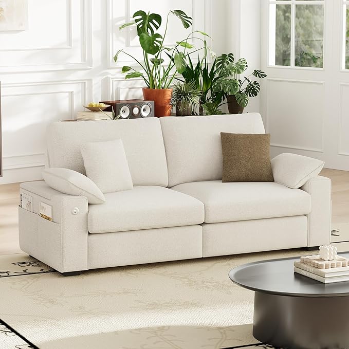 76" Loveseat Sofa, Cloud Foam Couch, 3 Seater Upholstered Midcentury Mondern Love Seat with USB Type C Ports, 4 Pillows and Flip-Open Storage Armrest for Living Room/Small Spaces, Beige