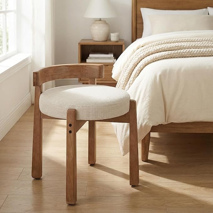 HNY Modern Linen Ottoman- Low-Back Makeup Seat & Lounge Footrest with Solid Wood Frame, Casual Style for Bedroom Dressing Area, Beige
