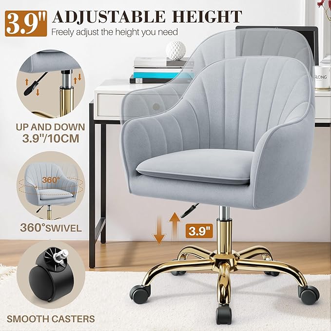 Comfy Home Office Desk Chairs Vanity Chair with Wheels Adjustable Modern Velvet Makeup Vanity Chairs for Bedroom Living Room(Grey)