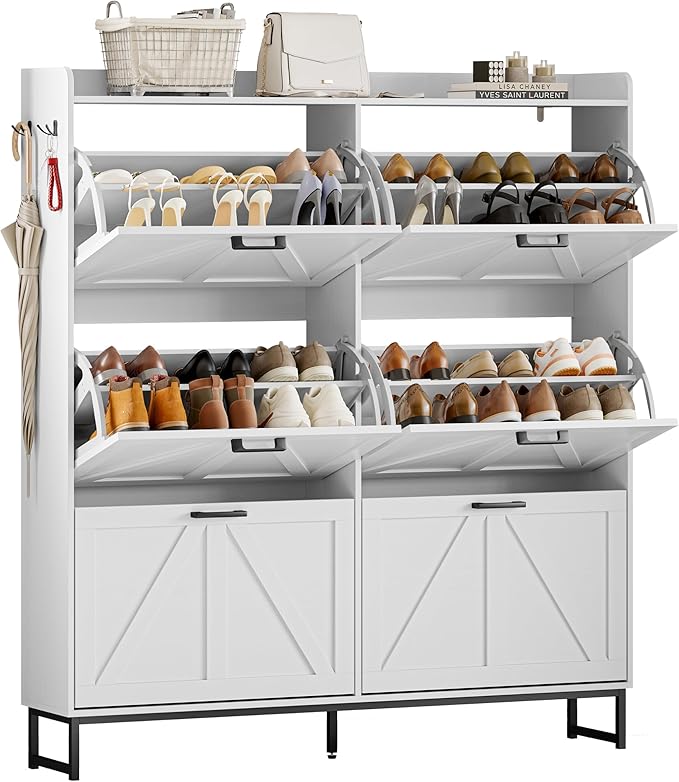 Shoe Cabinet Storage for Entryway, Shoe Storage Cabinet with 6 Flip Drawers, Freestanding Narrow Shoe Rack Organizer with Metal Legs, Adjustable Shelves & Open Storage for Foyer, Hallway, White