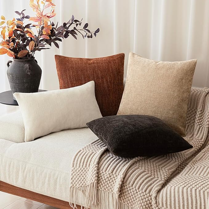 Foindtower Pack of 2 Soft Textured Chenille Throw Decorative Pillow Covers Square Accent Solid Cushion Cover Cozy Neutral Farmhouse Pillow Case for Couch Sofa Bedroom Living Room 24x24 Inch,Red Taupe
