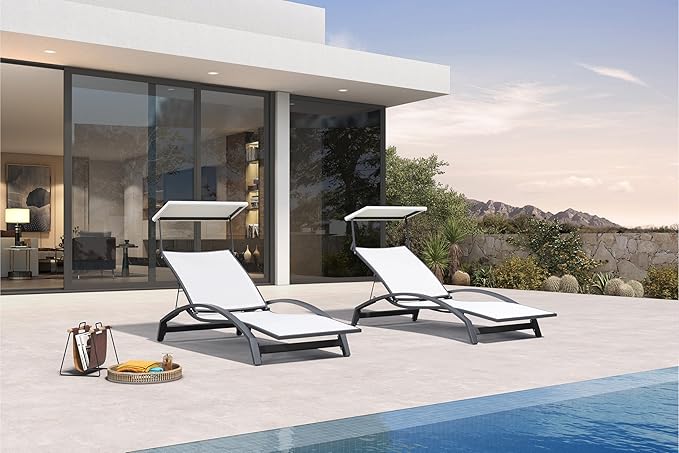 PURPLE LEAF Patio Lounge Chair with Canopy Shade Outdoor Chaise Lounge Chair Set of 2 for Lawn Poolside Backyard Sunbathing Tanning Chairs with Arm White