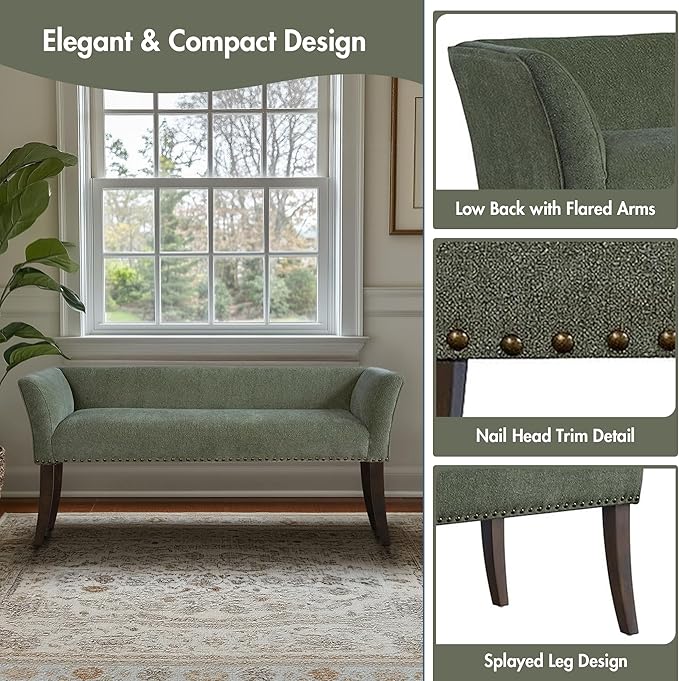 Madison Park Accent Bench, Plush Upholstered, Nailhead Trim, & Padded Seat Entryway Bench Small, End of Bed Bench with Back, 49.5" W x 19.25" D x 23" H, Green