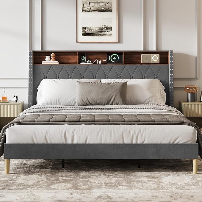 WLIVE King Size Upholstered Bed Frame with Storage Headboard, Velvet Square Tufted Platform Bed with Charging Station, Sturdy Metal & Wooden Slats Support, No Box Spring Needed, Grey