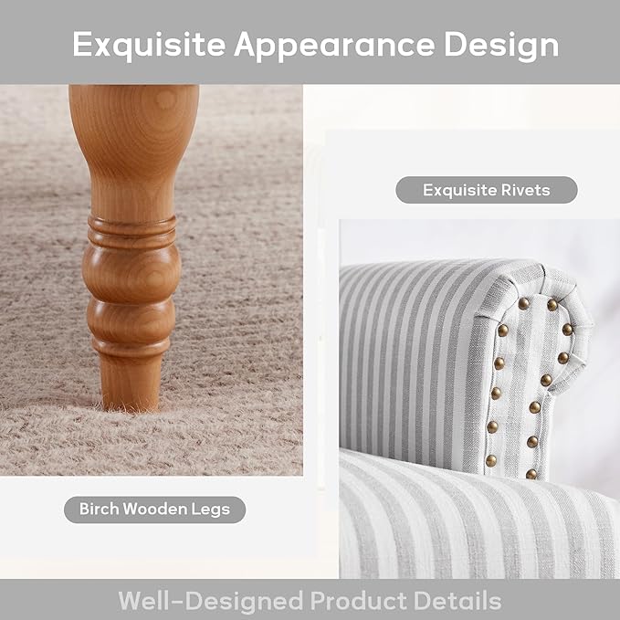 HUIMO Linen Fabric Accent Chairs Set of 2, Mid-Century Modern Armchair with Solid Wood Legs, Single Sofa Chair,Upholstered Reading Club Chair (2, Light Grey and White Stripe)