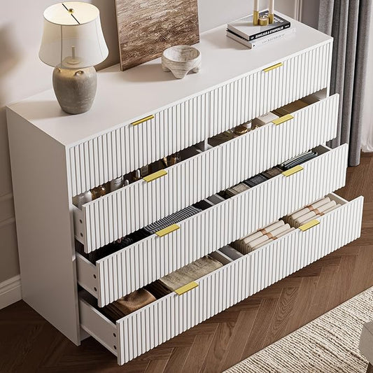 3-Piece Dresser Bedroom Set, 8 Drawer Dresser & 3 Drawer Nightstands with Gold Handles, Fluted Wood Chest of Drawers for Bedroom, Living Room, Entryway, White