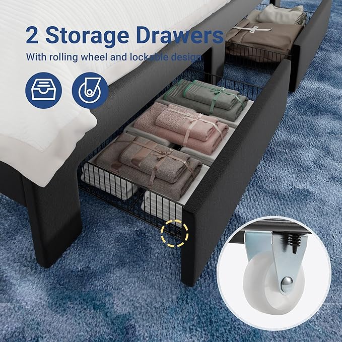 Allewie Velvet Vertical Tufted Full Size Upholstered Platform Bed Frame with 2-Tier LED Storage Headboard & 2 Storage Drawers, USB & Type-C Charging Ports, Noise-Free/No Box Spring Needed, Black