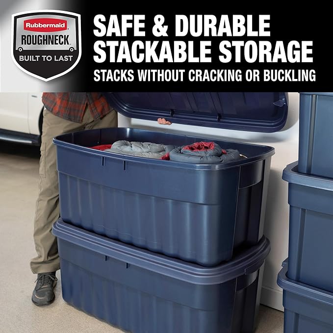 Rubbermaid Roughneck Tote 50 Gal, 2 Pack, Made in USA, Dark Indigo Metallic, Rugged Plastic Stackable Storage Bins with Lids and Handles