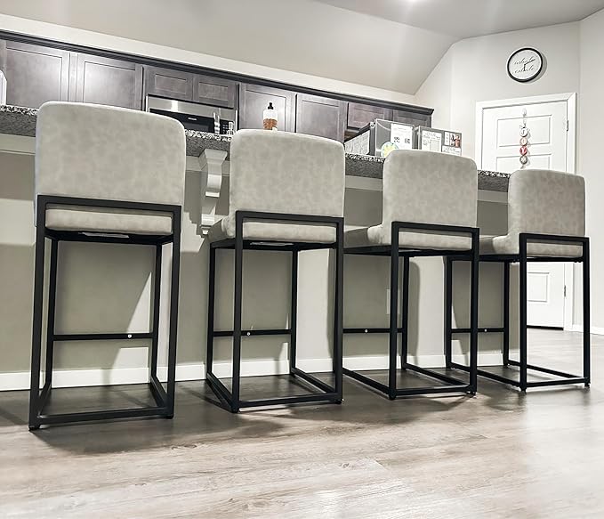 ALPHA HOME 24 Inch Bar Stools Set of 6, Kitchen Counter Stools with Backs, PU Leather Barstools, Kitchen Stools with Back&Upholstered Footrest, Sturdy Chromed Metal Steel Frame, Light Gray