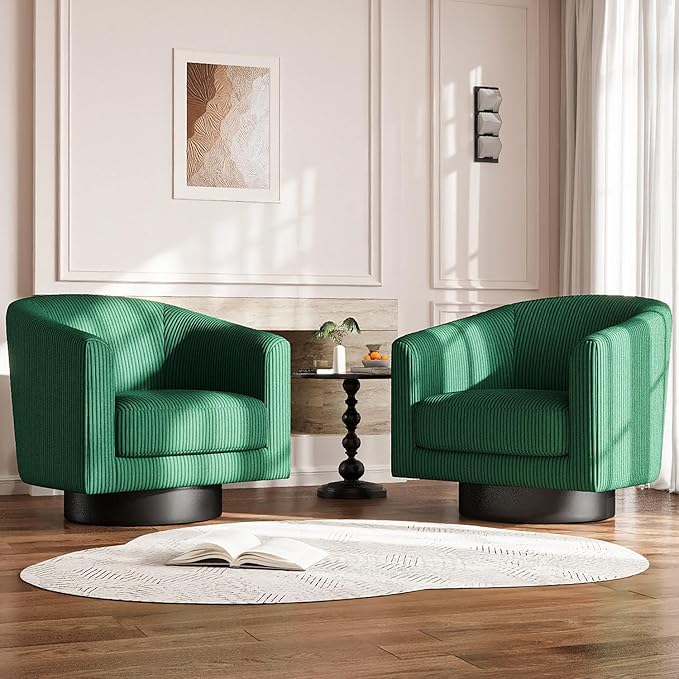 360Β° Swivel Accent Chairs Set of 2, Modern Bucket Chair, Corduroy Barrel Armchair, Comfy Boucle Chair, Single Sofa for Living Room Bedroom. Green