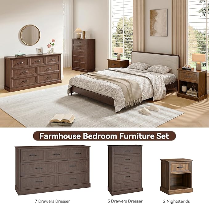Farmhouse Dresser and Nightstand Sets, 4Pcs Bedroom Furniture Set, Nightstand Set of 2 & 55" Wide 7 Drawer and 44" Tall 5 Drawer Dresser with Large Drawers & Bar Handles, Brown