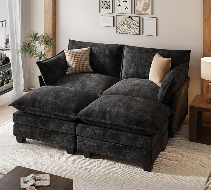KKL Modular Sectional Sofa Bed, 4 Seater Convertible L-Shaped Sleeper Cloud Couch with Ottoman, Chenille Sectional Couches for Living Room, Apartment Black