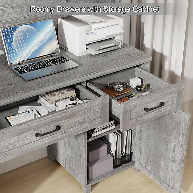 Farmhouse 67''H Executive Desk with Hutch & 5 Drawers, Rustic Office Desks Computer Desks with Charging Station, File Drawers and Storage Cabinets, Wood Workspace for Home Office & Study.(Grey).