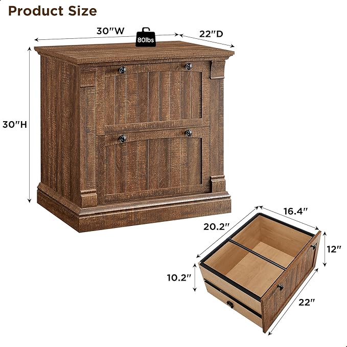 OKD Farmhouse File Cabinet with 2 Drawers, 30" Lateral Filing Cabinet with Hanging File Folders, Interlocking Drawers, Wood Rustic Storage Cabinet for Home Office,Brown