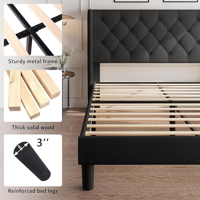 iPormis King Size Platform Bed Frame with Button Tufted Headboard, Upholstered Bed Frame with Solid Wooden Slats, 8" Underbed Space, No Box Spring Needed, Noise Free, Easy Assembly, Black